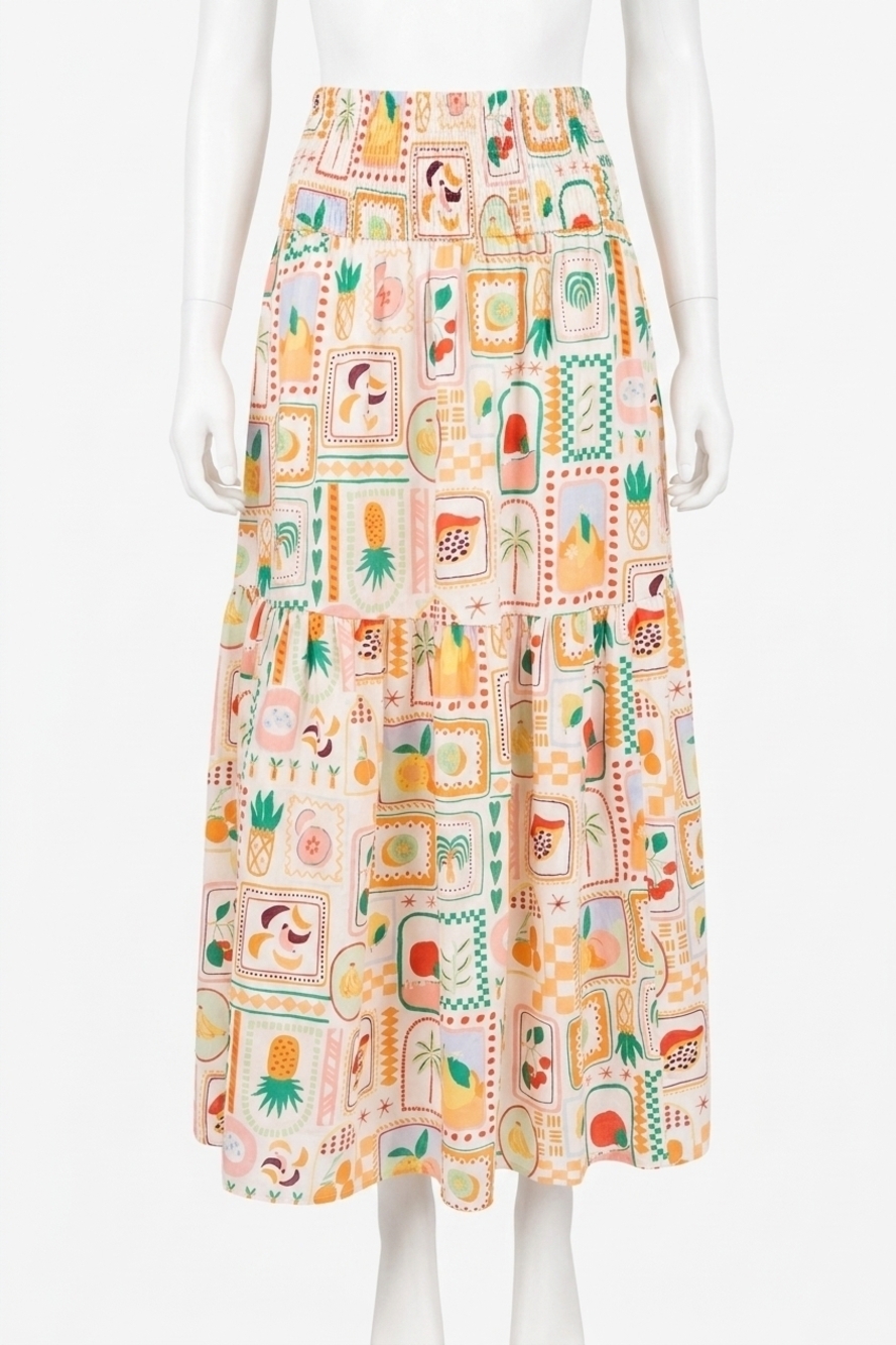 NEW KARLIE fruit basket maxi skirt in ivory multi